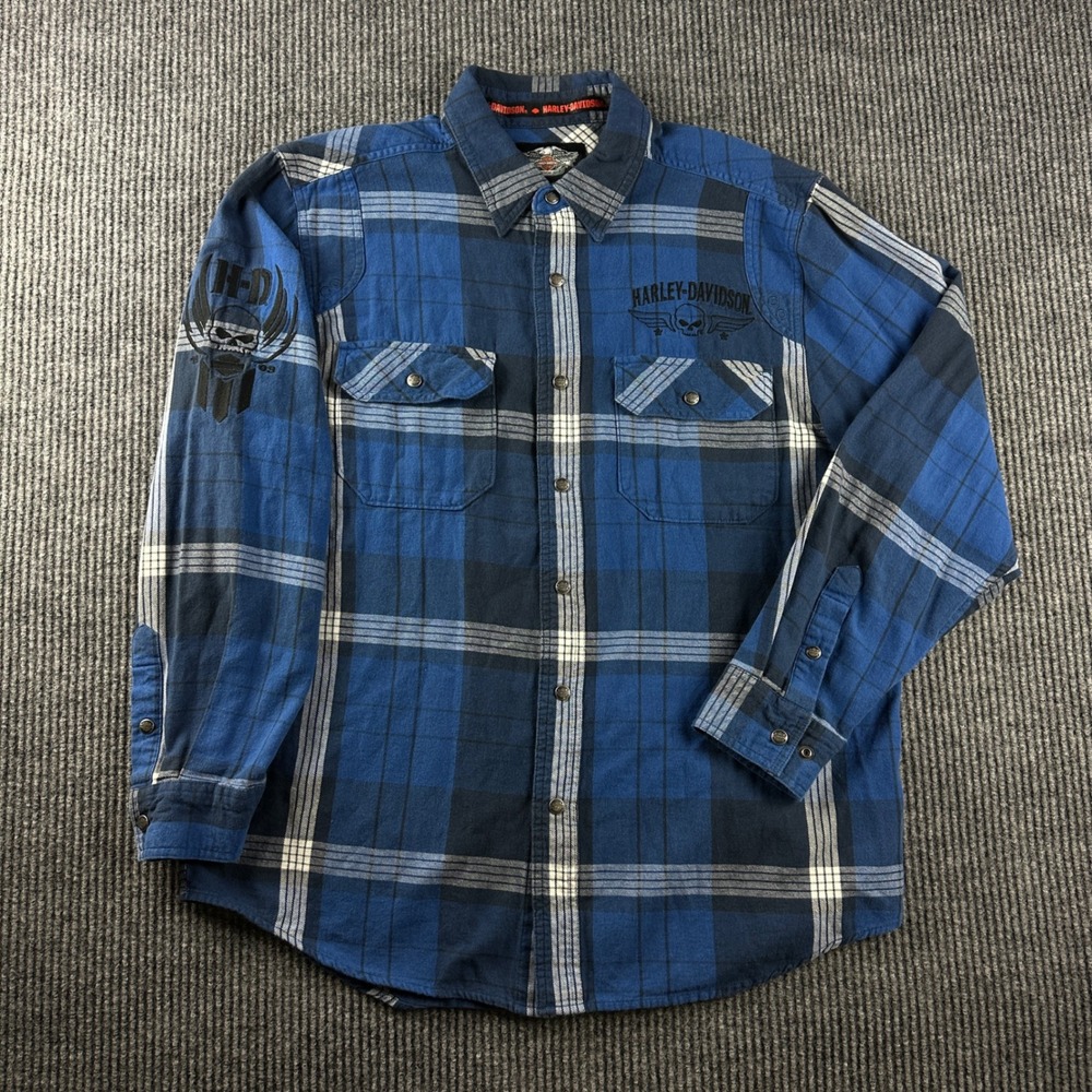 Harley-Davidson Mens Blue Plaid Flannel Metal Snap Shirt Willie G Skull Large
